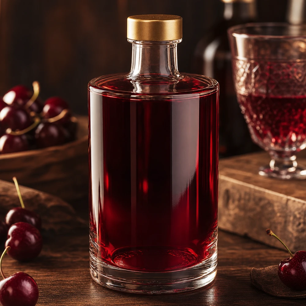 Bouteille en verre 375 ml « Sam » + bouchon à vis doré UNiTWIST® 375ml Bouteille en verre Sam remplie de liqueur de cerise Bouchon à vis doré UNiTWIST Cerises Liqueur Spiritueux Ambiance
