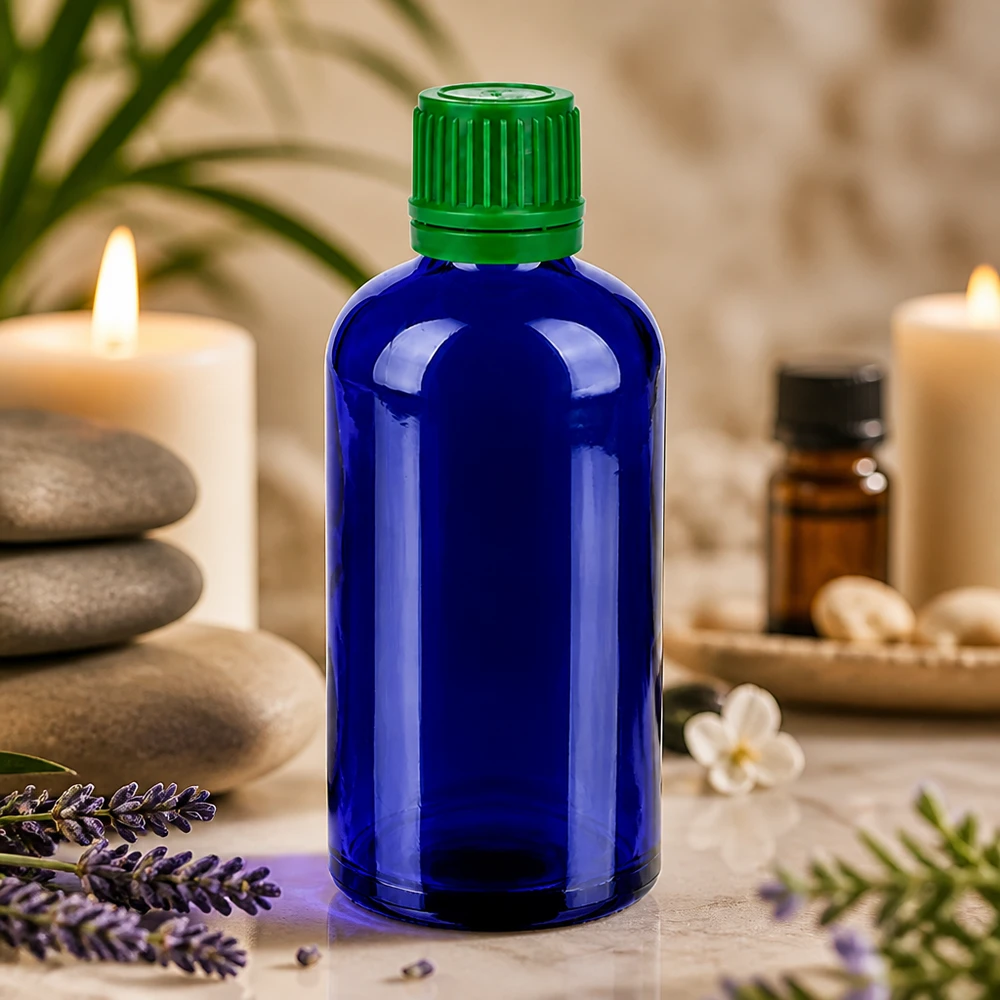 Flacon 100ml 11mm SV vert OV BlueLine UT18/100 Flacon de laboratoire professionnel bleu de 100 ml avec système de fermeture vert précis pour le dosage