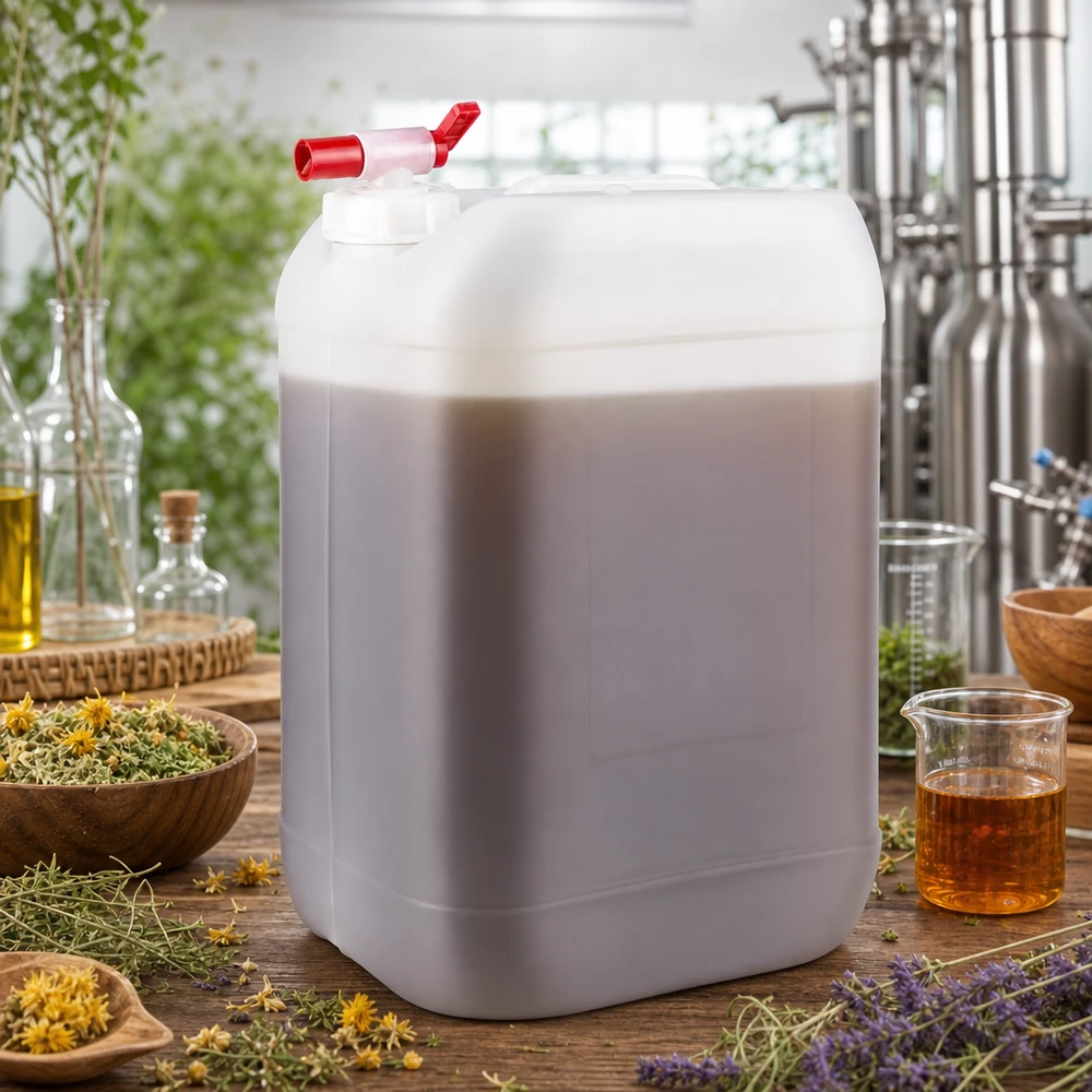 Grand récipient de stockage de 25 litres muni d'un robinet de vidange, entouré de lavande et de plantes médicinales