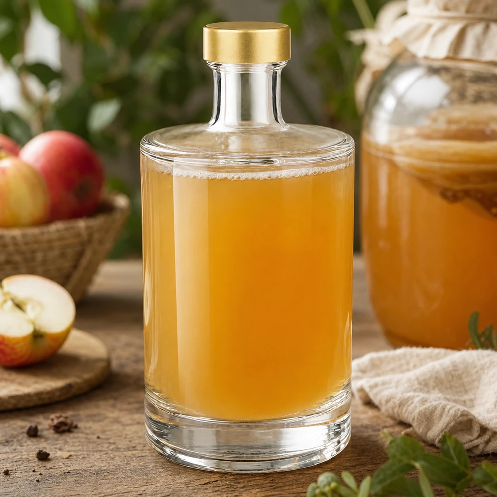 Bouteille en verre de 500ml Sam remplie de jus de pomme bouchon doré UNiTWIST décoration rustique pomme table en bois