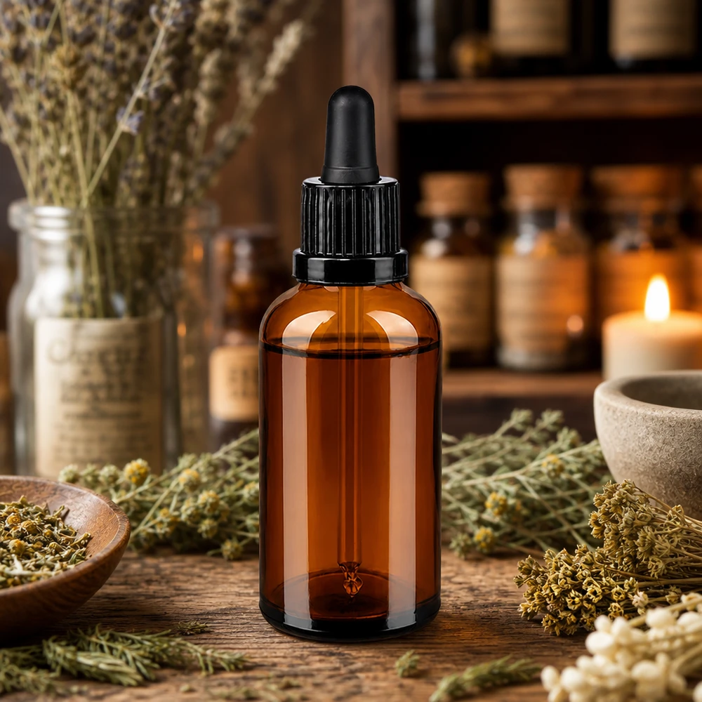 Flacon en verre brun de 50ml avec compte-gouttes OV BrownLine UT18/50 pour la cosmétique et la médecine naturelle