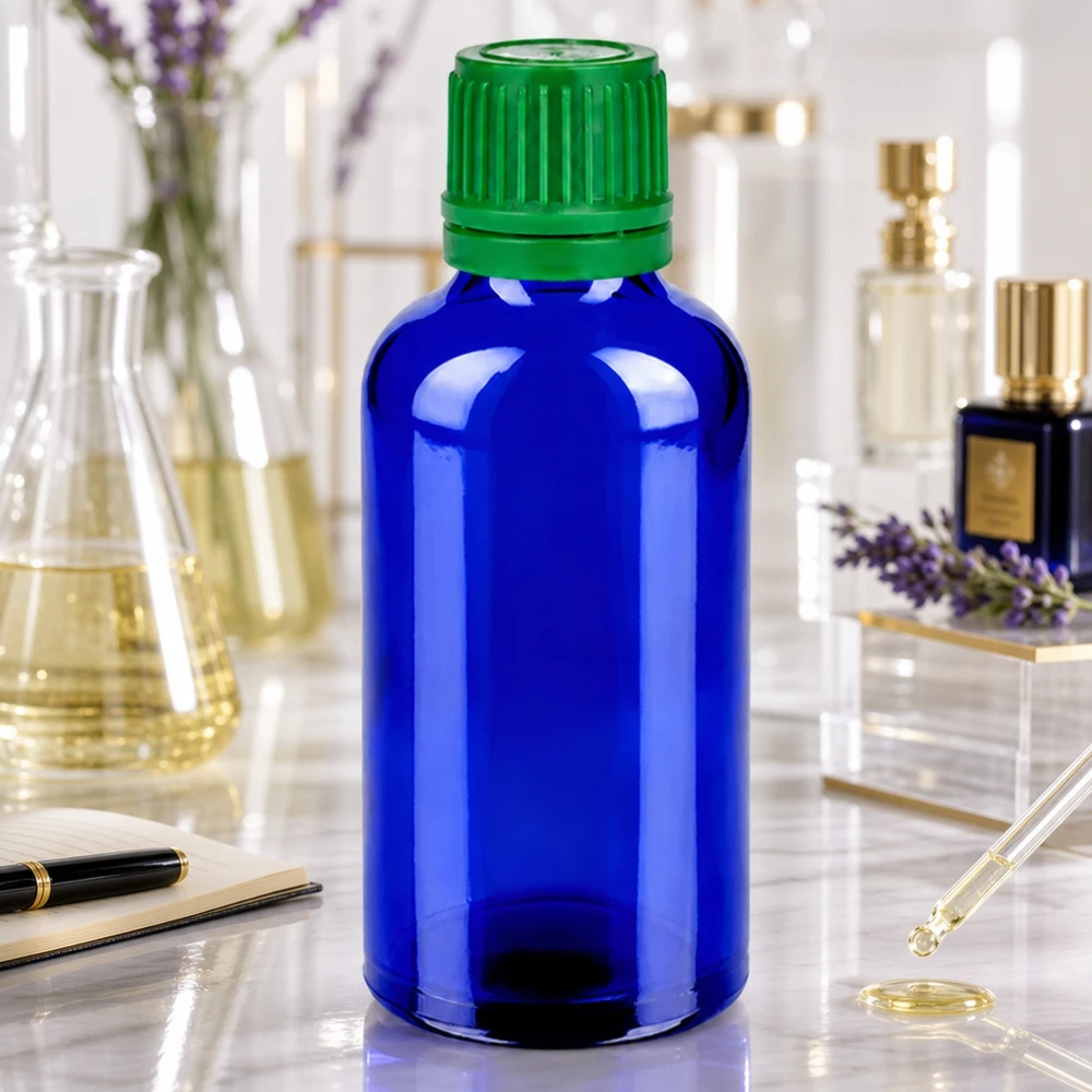 Flacon 50ml 11mm SV vert OV BlueLine UT18/50 Bouteille polyvalente de 50ml en bleu pour les cosmétiques, les parfums et les applications pharmaceutiques.