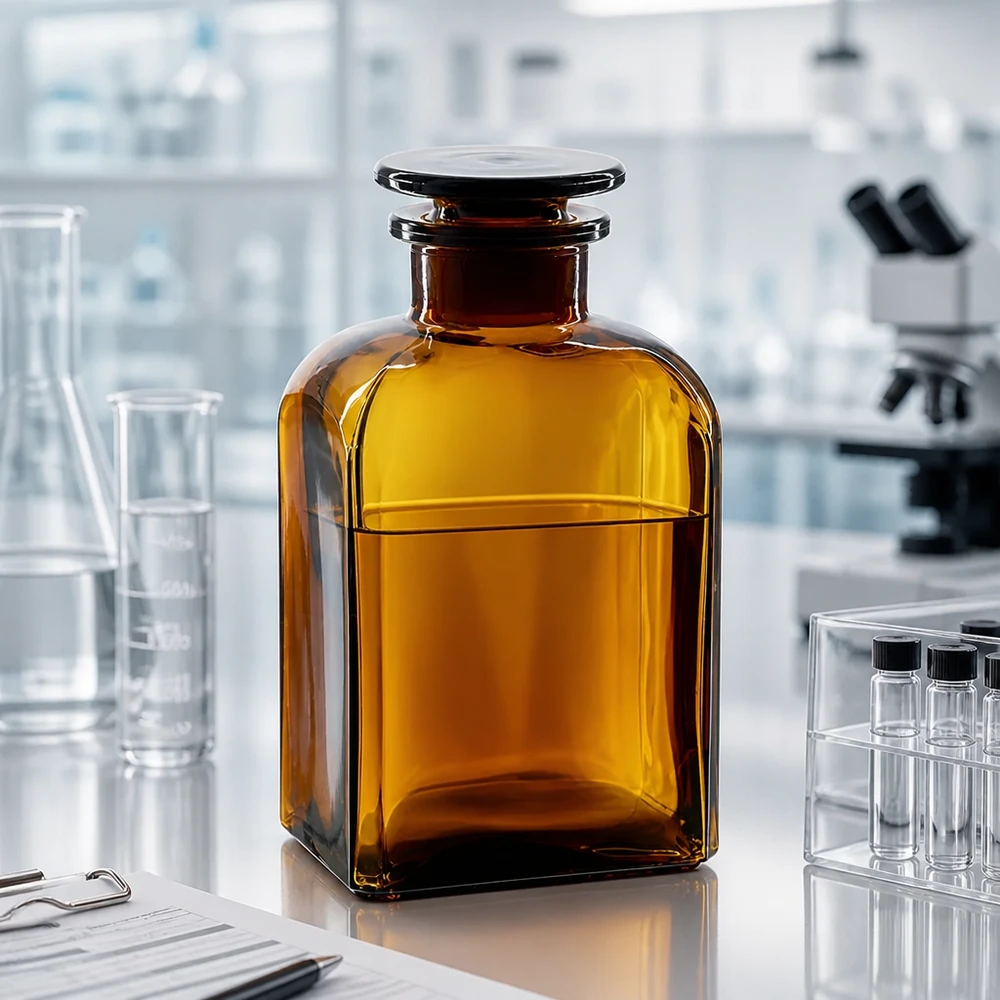 Flacon carré col large 500 ml + bouchon RIN, verre ambré Bouteille à col large de 500 ml, de couleur marron foncé et de forme carrée, idéale pour les substances sensibles à la lumière