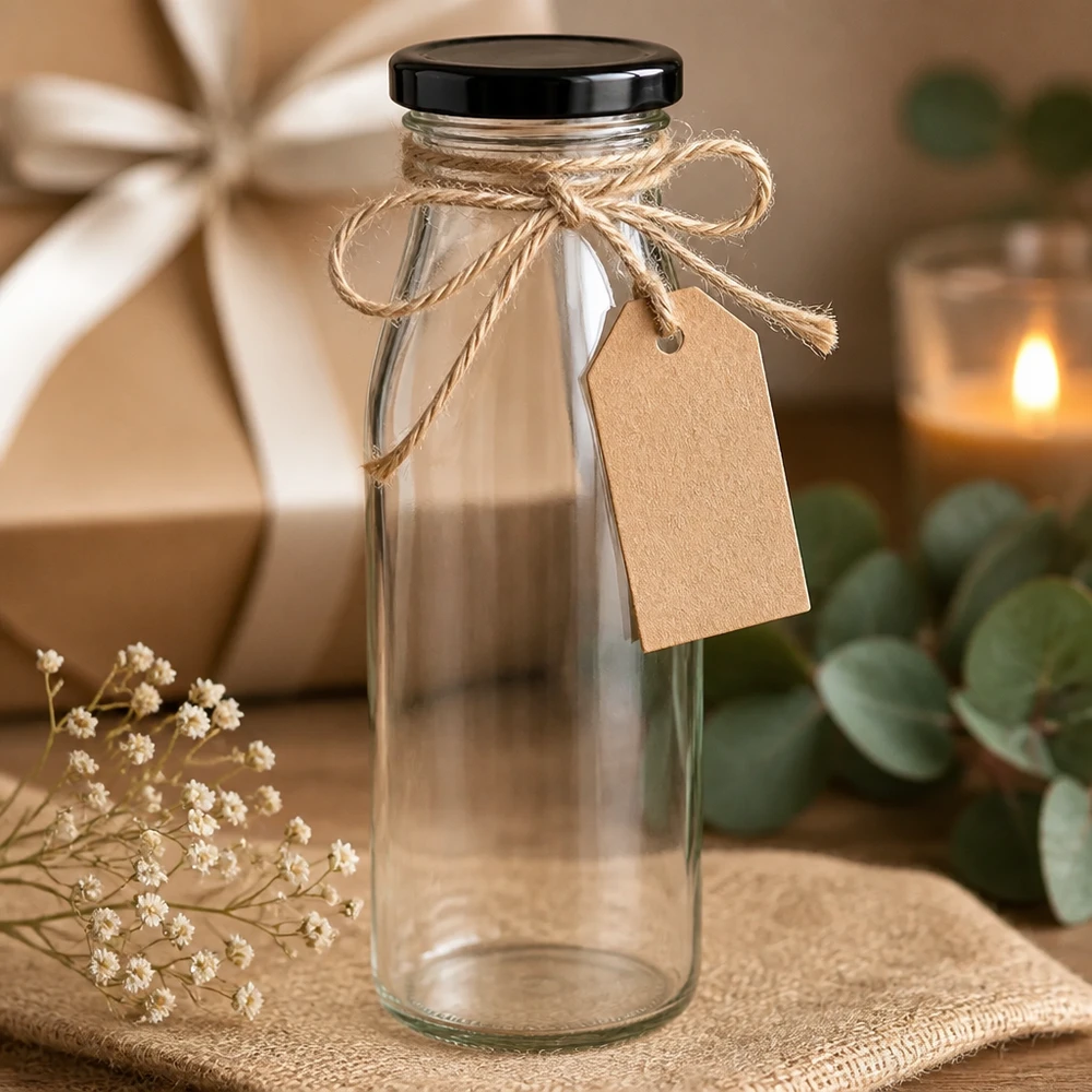 500ml Bouteille avec couvercle BasicSeal noir UNiTWIST Bouteille en verre de 500 ml avec couvercle noir, décorée avec une corde de jute et une étiquette cadeau rustique.