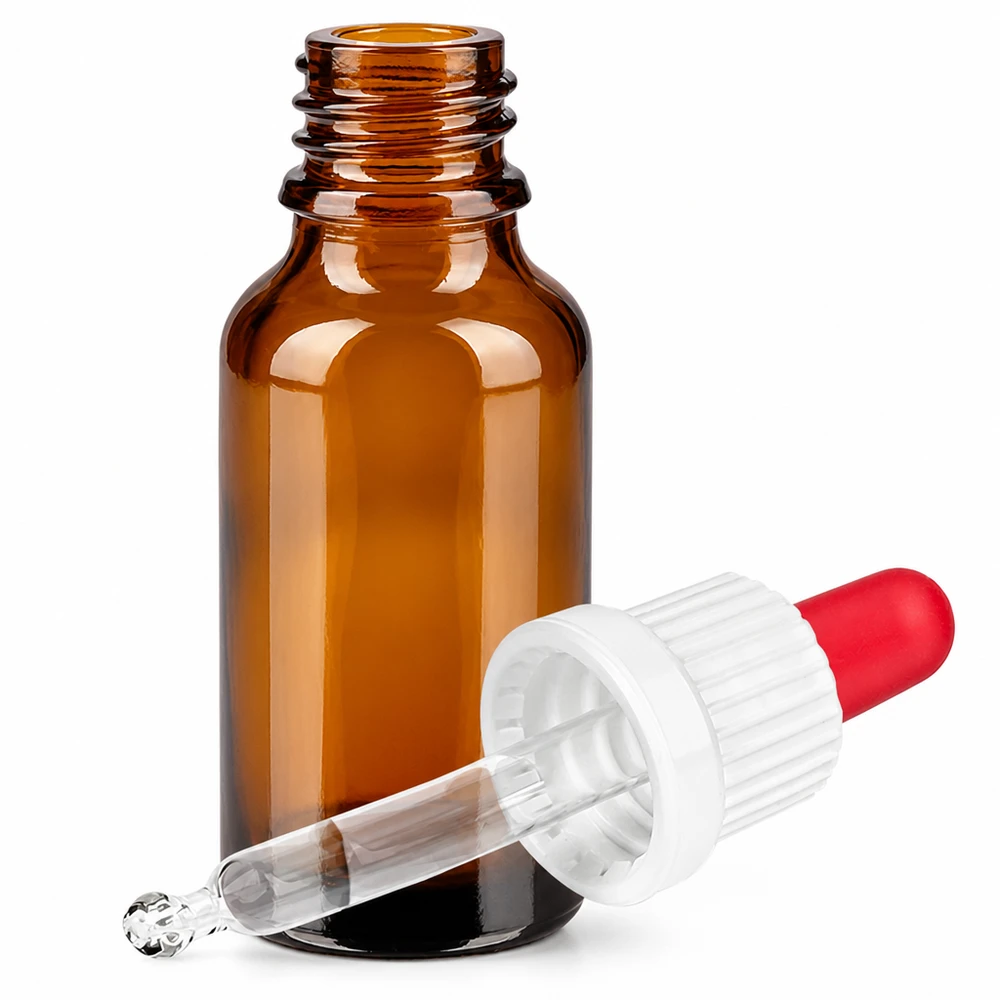 20ml flacon à pipette blanc/rouge OV BrownLine UT18/20 Petit flacon en verre de 20ml avec pipette, idéal pour les laboratoires cosmétiques et les applications d'aromathérapie.
