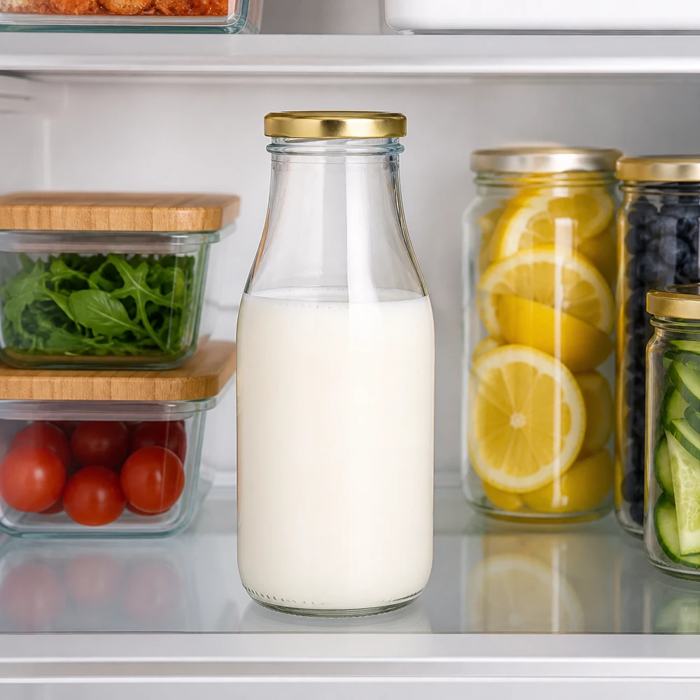 Bouteille en verre de 330 ml + bouchon BasicSeal doré UNiTWIST Bouteille en verre UNiTWIST de 330 ml pour le lait et les boissons, avec bouchon doré, au réfrigérateur