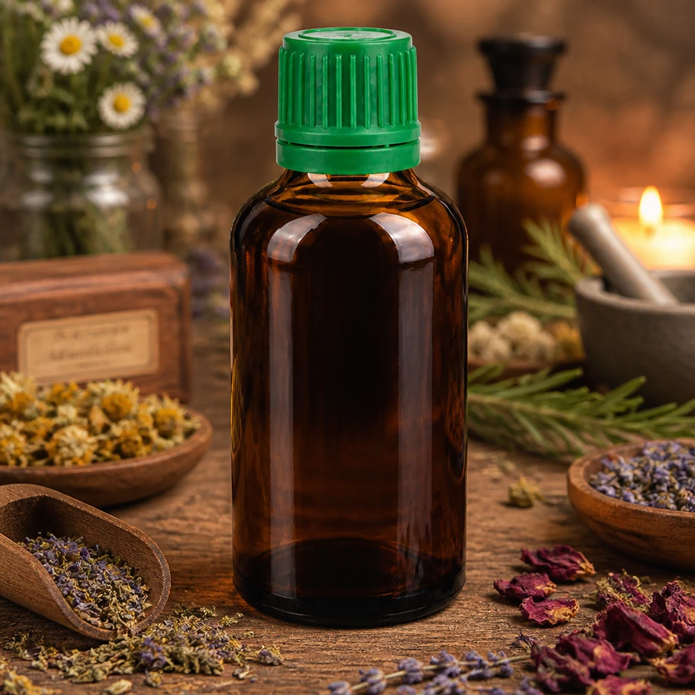 Flacon 50ml 11mm SV vert OV BrownLine UT18/50 Bouteille médicale robuste de 50 ml en verre foncé avec bouchon à vis vert de sécurité pour les enfants