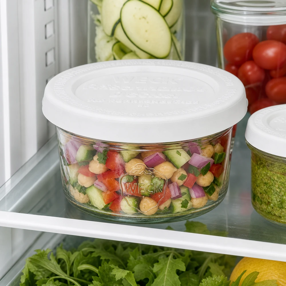 WECK Pot renversé de 50 ml RR60 avec salade colorée dans le réfrigérateur entre les ingrédients frais pour une conservation pratique de Meal Prep