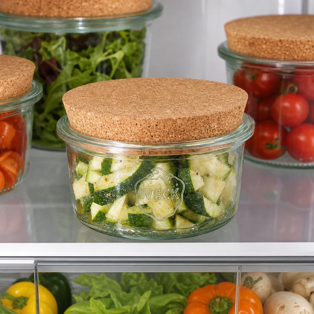 WECK Bocal 165ml RR80 Couvercle en liège Réfrigérateur Légumes Concombres Tomates Salade Conservation fraîche Meal Prep