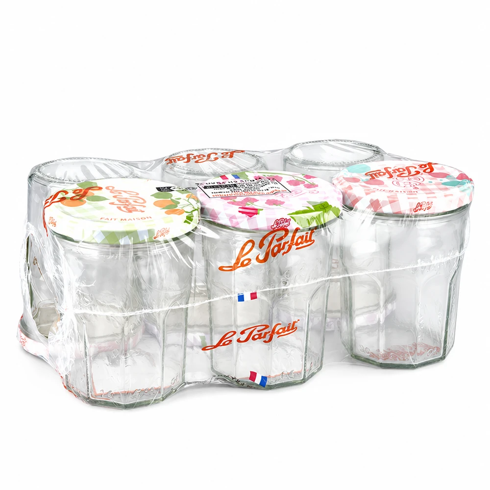 Le Parfait® Jam 385 ml Ø82 mm pot confiture Le Parfait Jam Verres renversés 385ml en pack de 6 avec couvercles à vis colorés emballés sous film rétractable