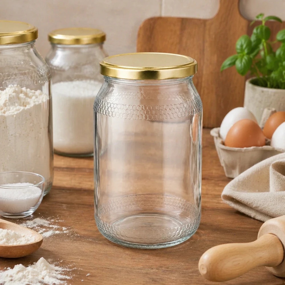 Pot à miel vide de 900 ml avec structure en nid d'abeille et couvercle doré dans une scène de cuisine rustique avec des ingrédients de pâtisserie