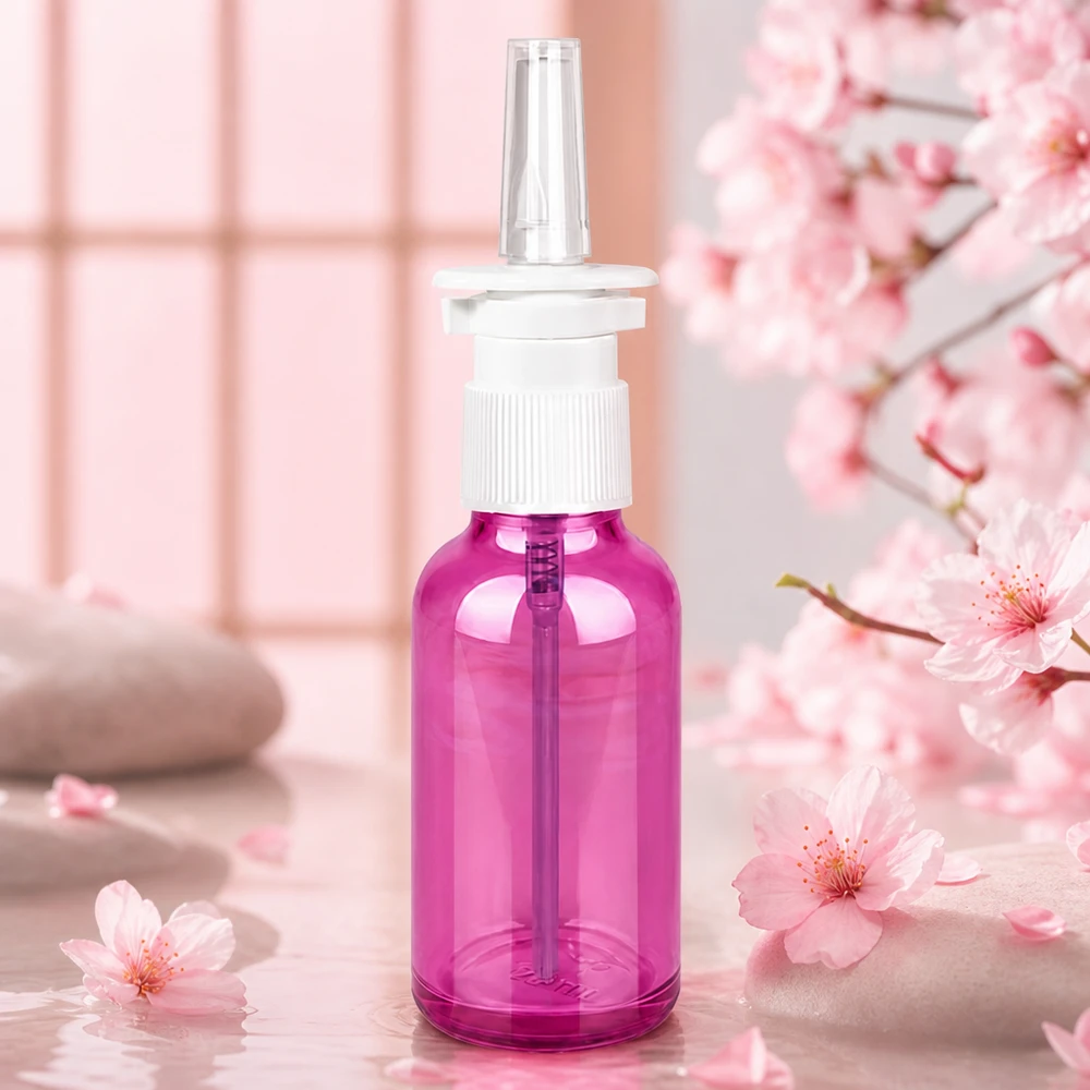 Emballage professionnel pour spray nasal de 30 ml au look pourpre avec mécanisme de pulvérisation blanc anti-fuite