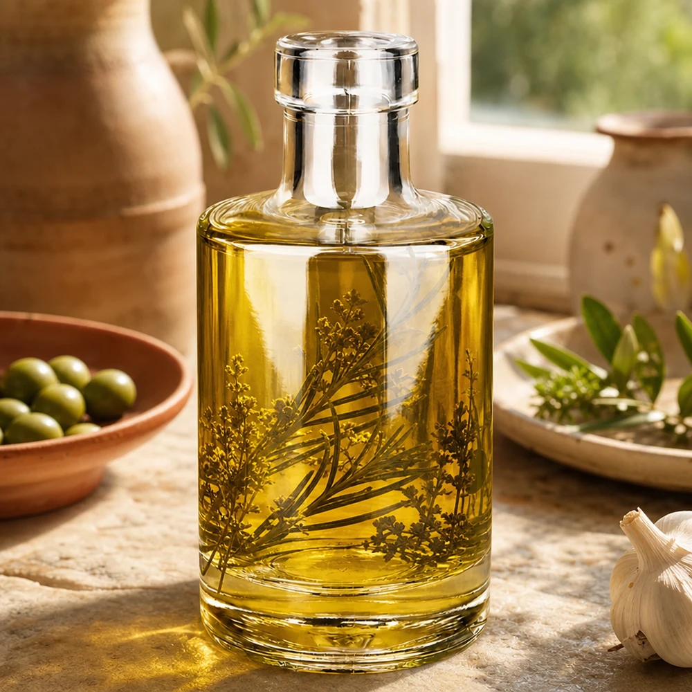 Bouteille en verre Marie 200ml remplie d'huile aux herbes Exemple d'utilisation cuisine décoration méditerranéenne Lifestyle