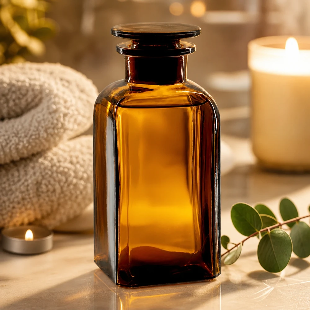 Flacon carré col large 350 ml + bouchon RIN, verre ambré Pot de pharmacie brun de 350 ml, de forme carrée et à col large, idéal pour conserver des cosmétiques naturels