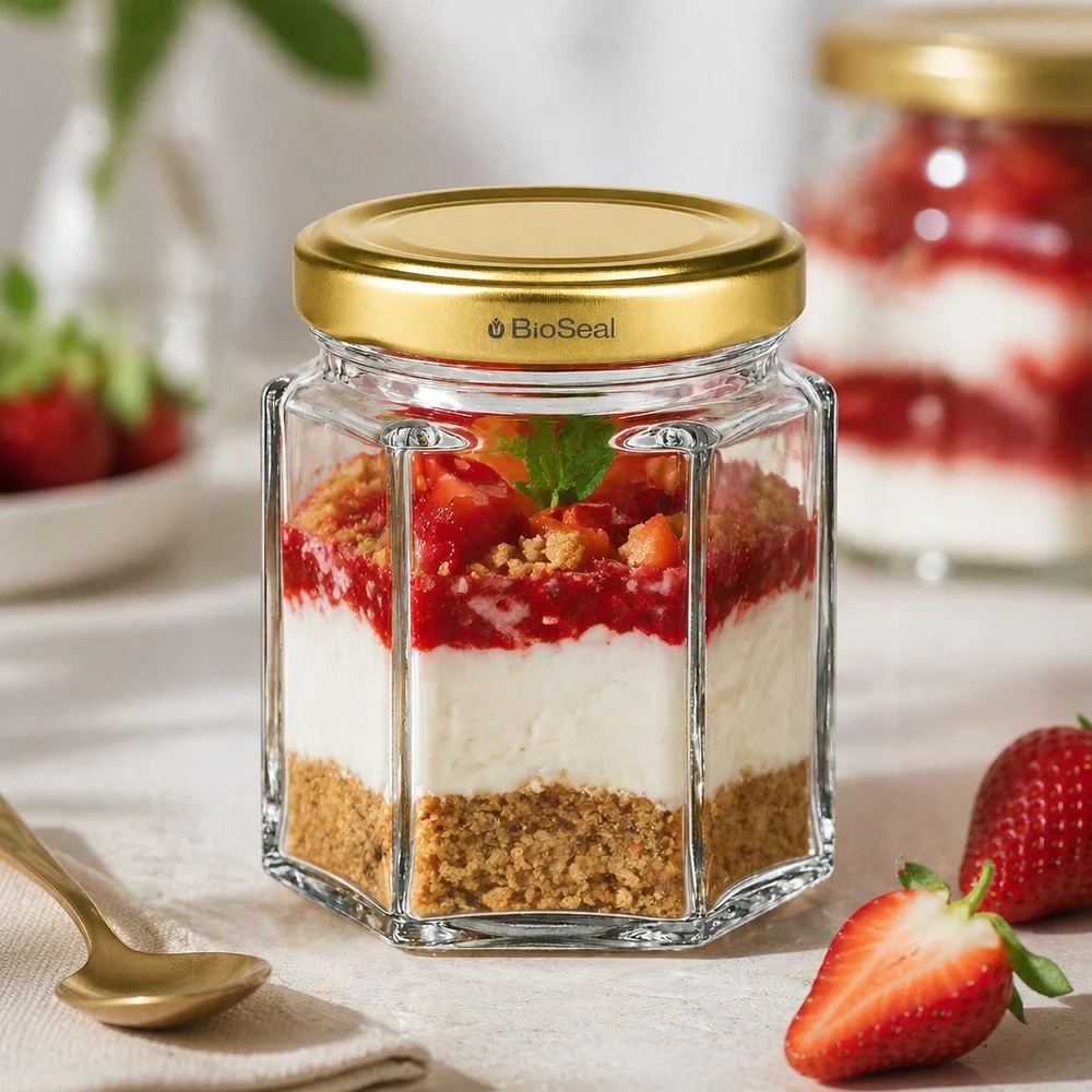 Pot de miel BioSeal 60g avec dessert stratifié cheesecake à la fraise rempli à côté de cuillères dorées et de fraises fraîches