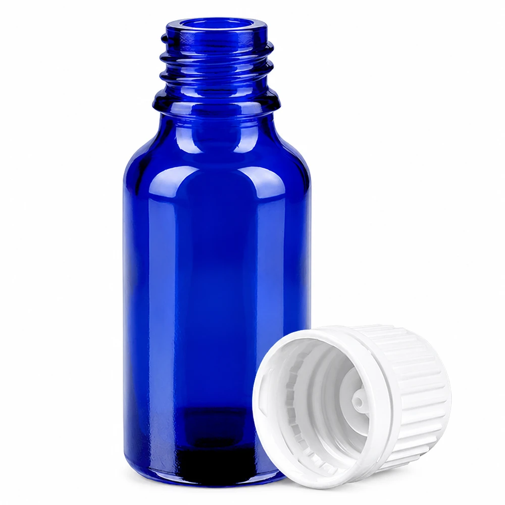 Flacon 20ml 11mm SV blanc OV BlueLine UT18/20 Flacon professionnel de 20ml en verre bleu anti-UV avec bouchon à vis blanc étanche