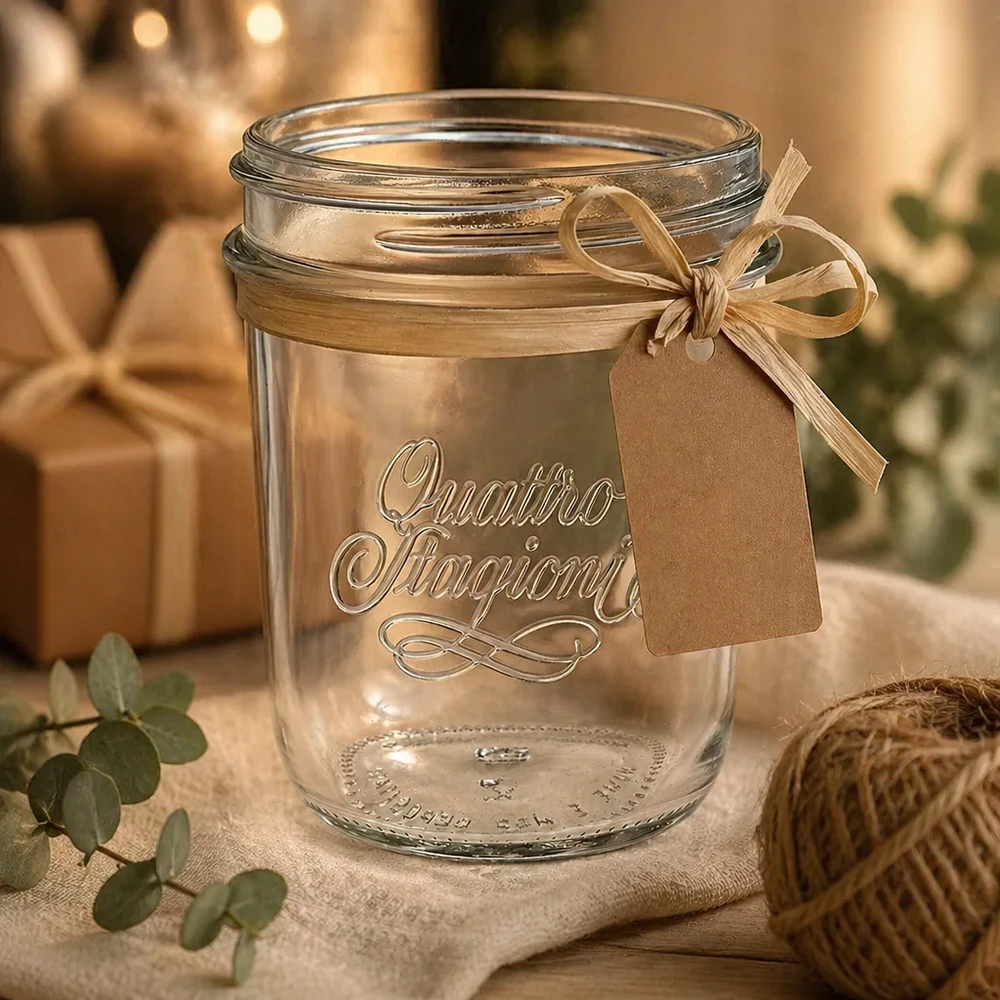 320ml Verre à pied 'Quattro Stagioni' QS86mm Pot de 320 ml Quattro Stagioni avec ruban et étiquette cadeau pour décorer une table en bois rustique
