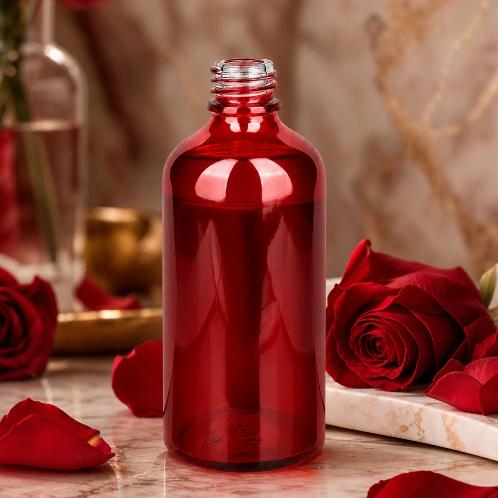 Flacon à pharmacie 100ml RedLine UT18/100 UNiTWIST Bouteille RedLine UT18/100 en verre brun rouge de 100 ml pour les substances et essences sensibles à la lumière