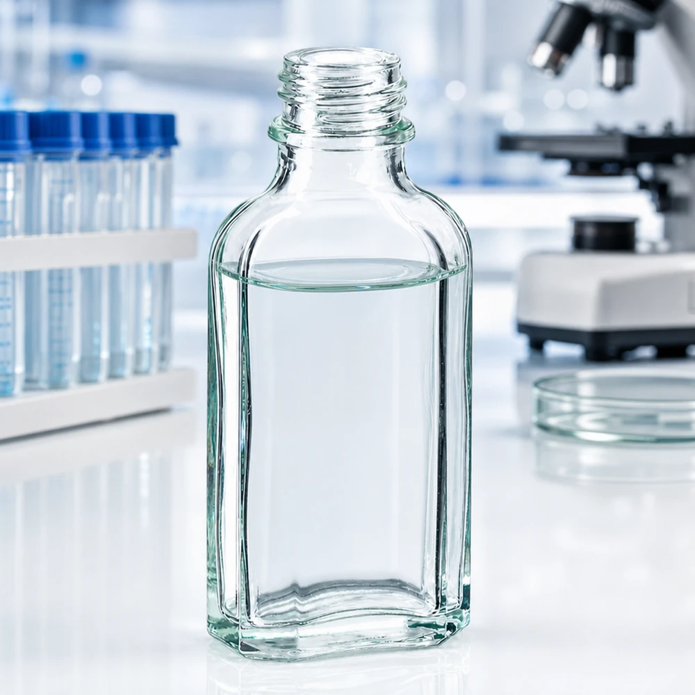 Flasque transparente de 50 ml au goulot DIN 22 Flacon Meplat en verre transparent de 50 ml avec col étroit DIN22 destiné aux applications pharmaceutiques
