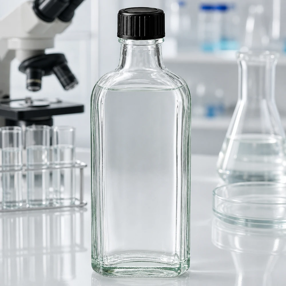 Flasque transparente de 100 ml au goulot DIN 22, avec bouchon à vis DIN 22 noir et joint LKD Flacon de laboratoire rectangulaire transparent de 100 ml, muni d'un joint LKD pour un stockage en toute sécurité
