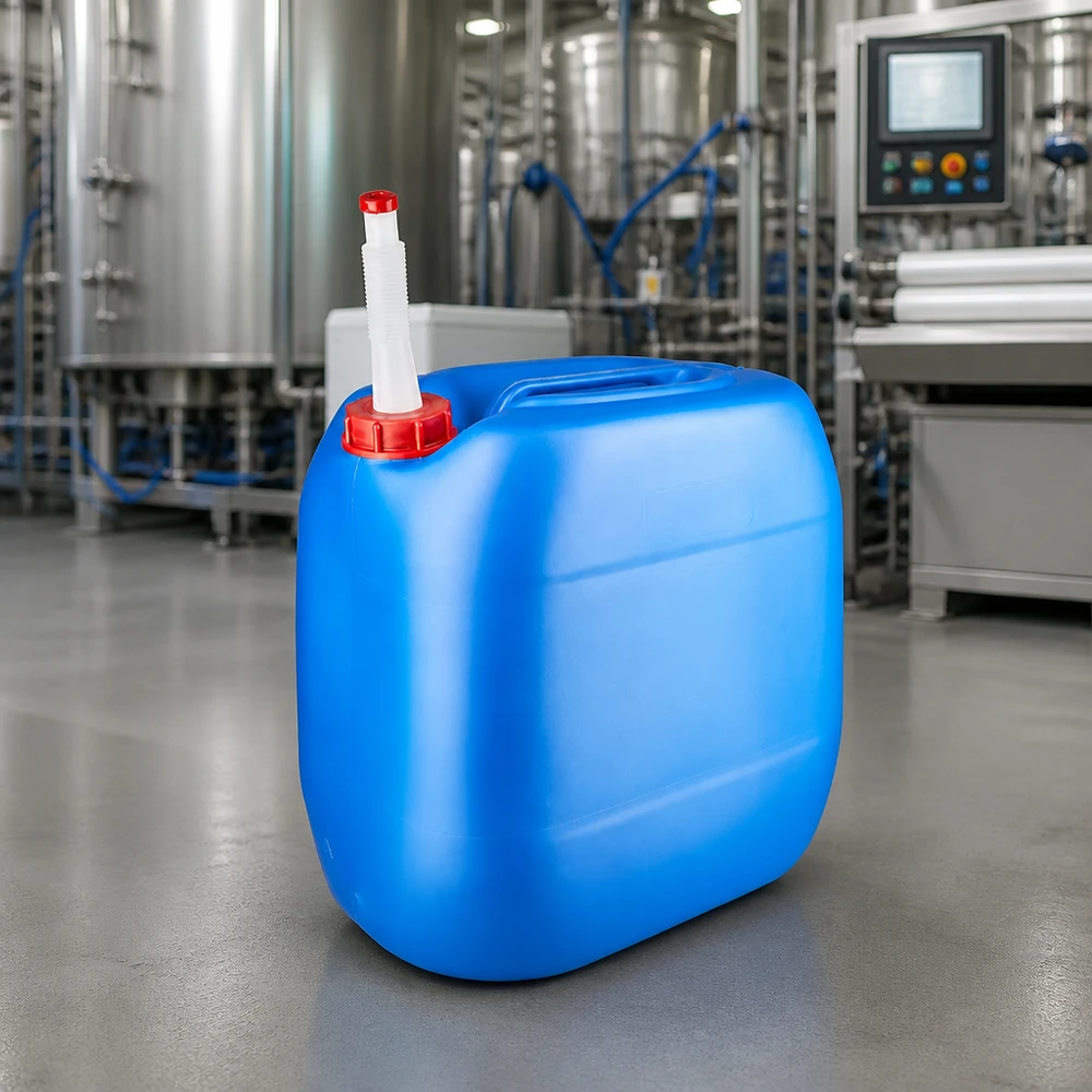 Bidon en PEHD de 30 litres, bleu, avec bouchon rouge et bec verseur flexible, destiné aux entreprises industrielles