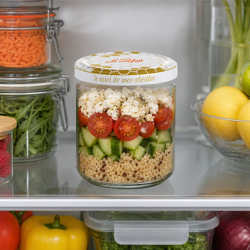 Le Parfait® pot miel 212 ml Ø63 mm Le Parfait Honey Pot à provisions 212ml avec salade stratifiée de quinoa concombre tomate et feta au réfrigérateur