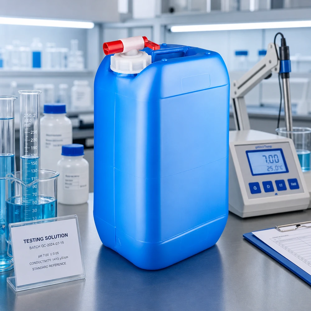 Bidon bleu de 15 litres avec robinet doseur pour solutions de test pH 7 et conductivité 1413 µS/cm