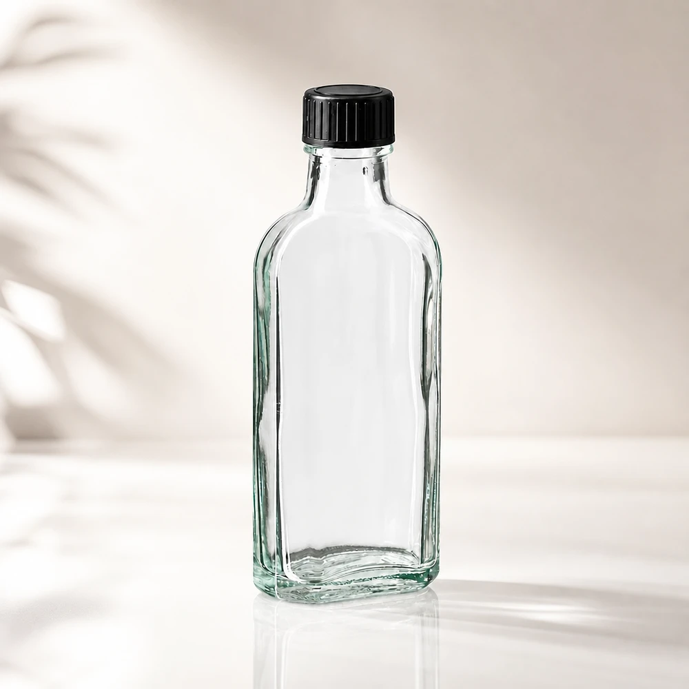 Flacon en verre rectangulaire transparent de 100 ml, aux bords arrondis, avec un bouchon noir, destiné aux liquides