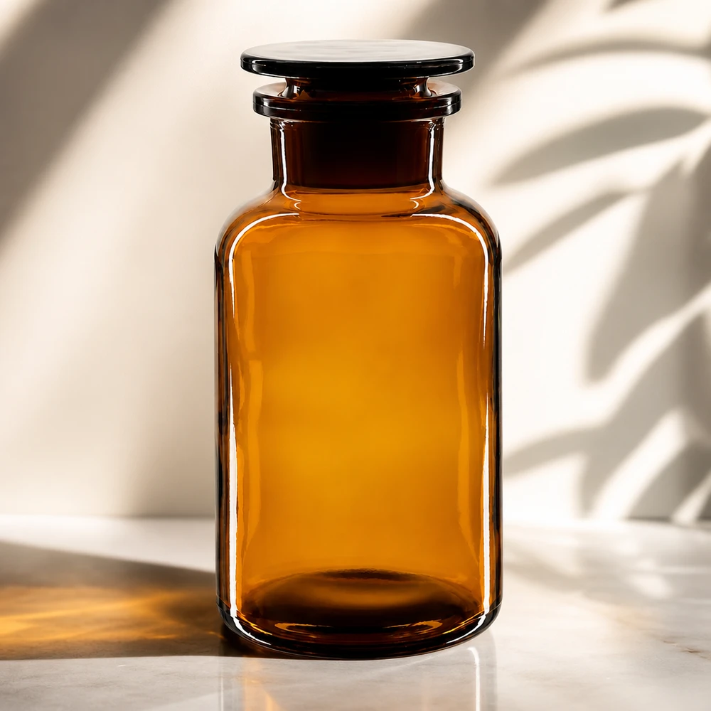 Flacon pharmaceutique 500 ml col large + bouchon verre ambré Bouteille de conservation classique de 500 ml, de couleur marron, avec bouchon en verre et forme cylindrique à épaules arrondies