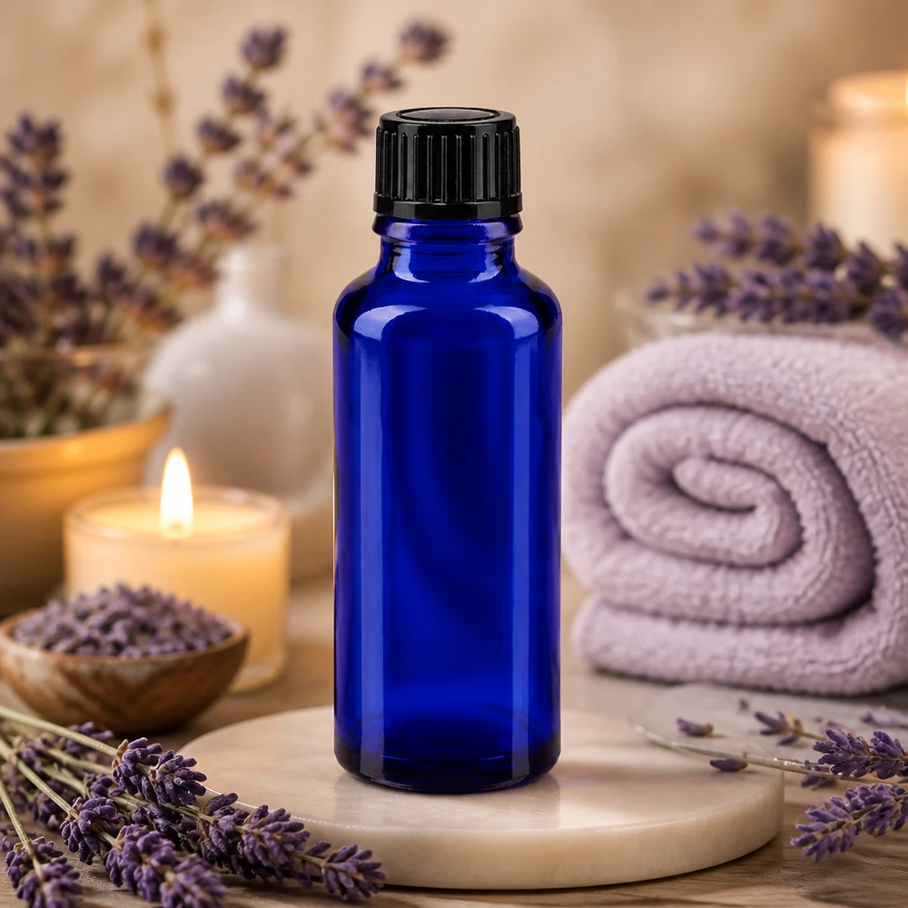 Flacon en verre bleu cobalt de 30 ml STD avec bouchon compte-gouttes noir pour huiles essentielles