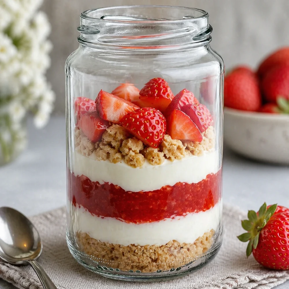 UNiTWIST Runda375 Verre rond 375ml comme verre à dessert avec dessert stratifié fraises crème et crumble servi de manière décorative