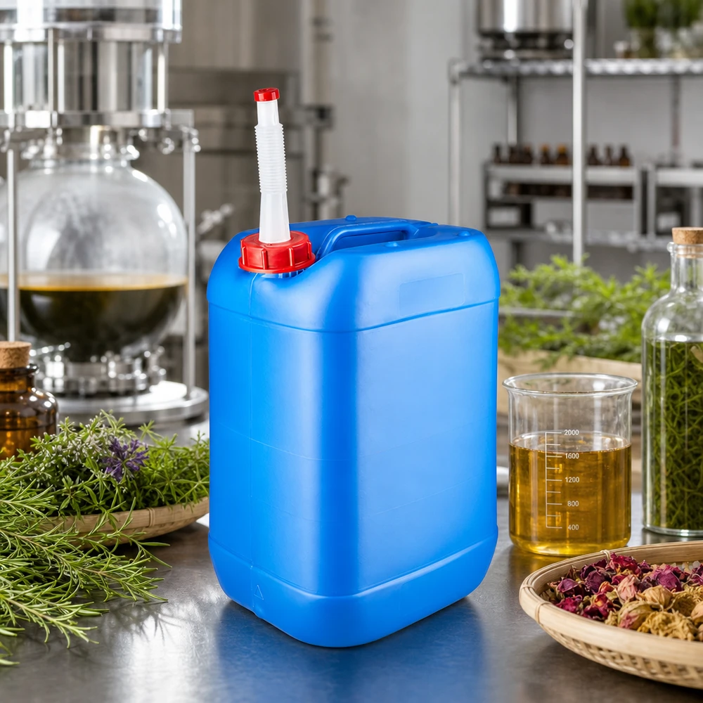 Bidon bleu de 25 L, adapté au contact alimentaire, avec bec verseur flexible pour huiles essentielles