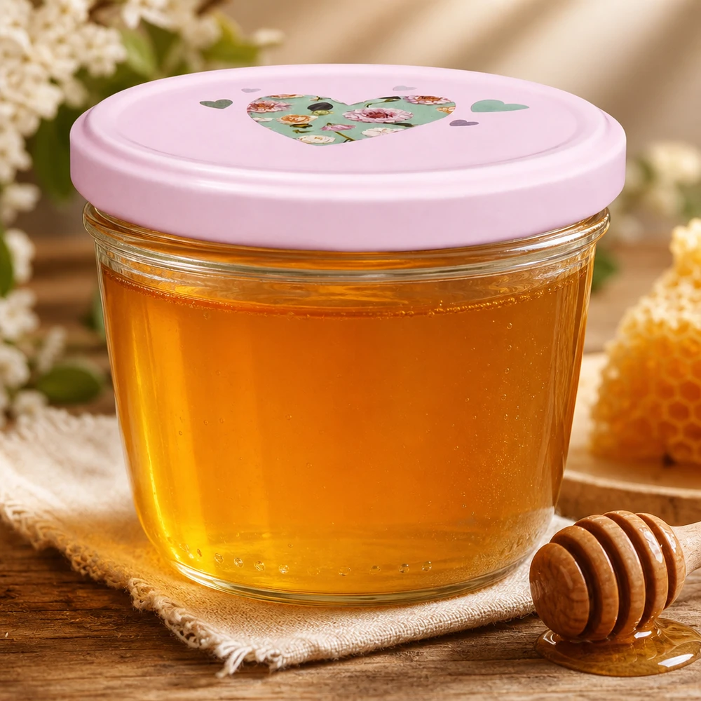 Verres de 230 ml + couvercle BasicSeal cur rose UNiTWIST Verre renversé 230ml rose BasicSeal Couvercle rempli de miel à côté de la cuillère à miel sur un dessous de plat en jute Produits naturels Conservation