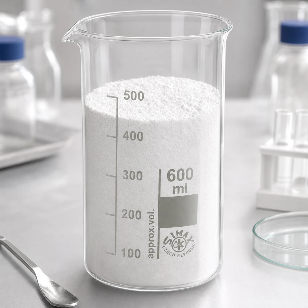 Bécher 600ml en verre borosilicate résistant à la chaleur (forme haute) Bécher de 600 ml, modèle haut, à côté d'une boîte de Pétri, d'une spatule et de flacons de laboratoire à bouchon bleu