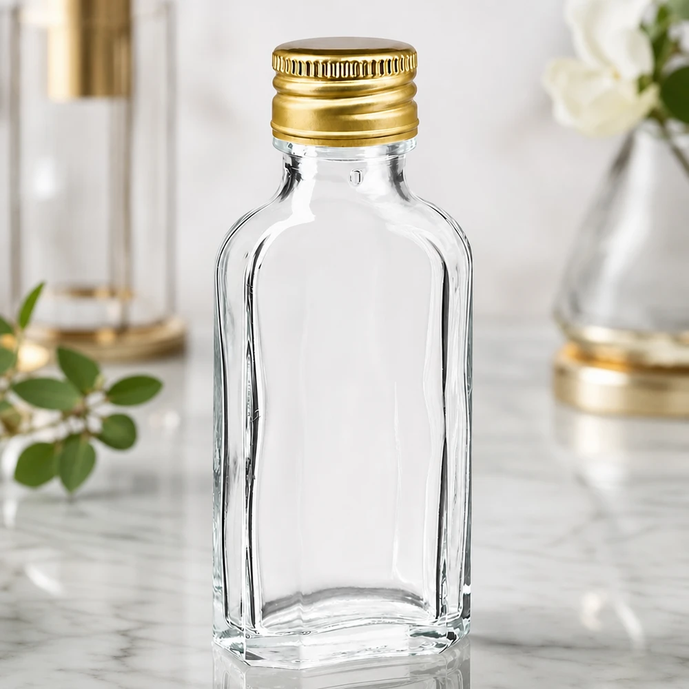 Élégant flacon miniature en verre Meplat transparent de 50 ml avec bouchon à vis doré PP22