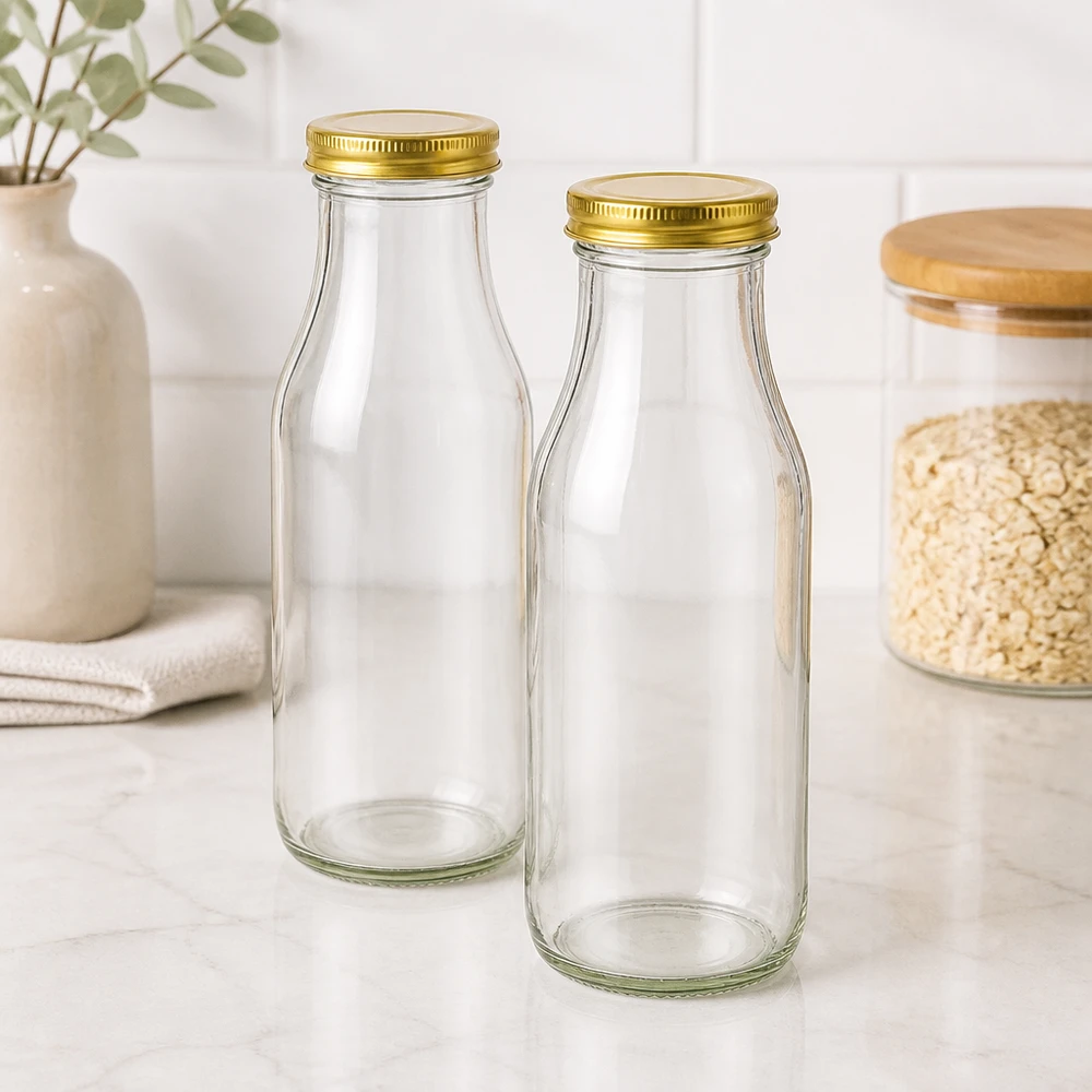 263ml Bouteille avec couvercle BioSeal or UNiTWIST Deux bouteilles en verre UNiTWIST Bottle263 avec couvercles dorés TO43 BioSeal dans une cuisine moderne à côté d'un bocal de stockage de flocons d'avoine