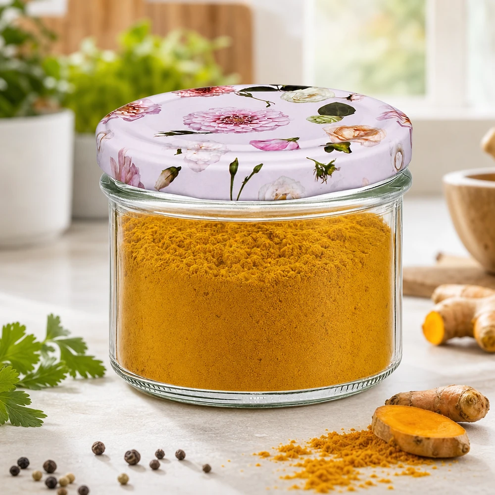 Pot en verre de 225 ml + couvercle BasicSeal rose UN... Pot renversé 225ml rempli de poudre de curcuma avec couvercle floral - Conservation des épices en bocal
