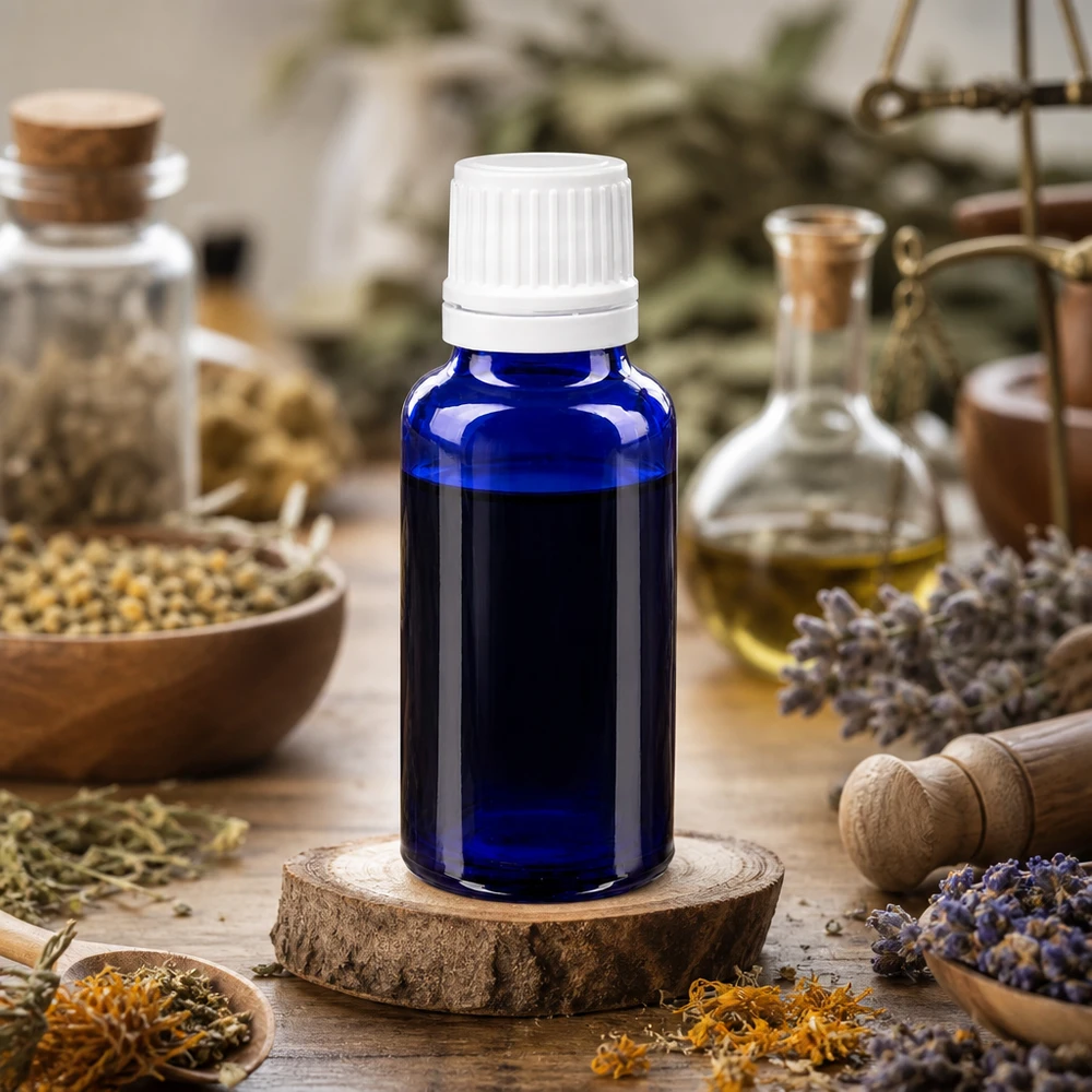 Flacon compte-gouttes de pharmacie de 20 ml, de couleur bleu cobalt, résistant aux UV, muni d'un embout doseur précis de 0,7 mm