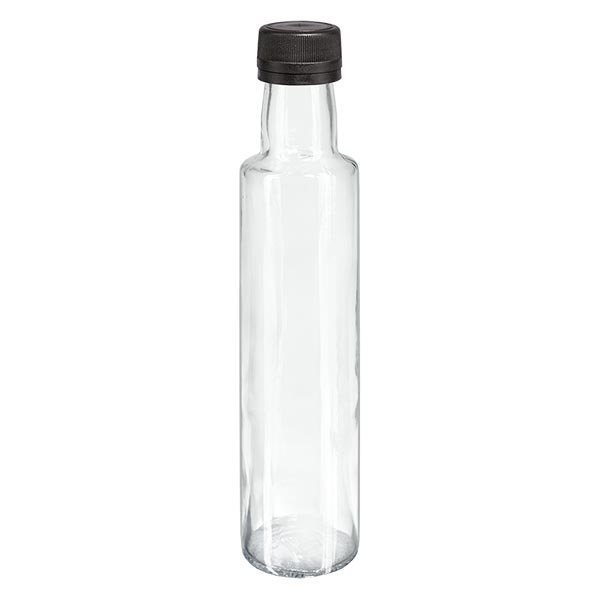 Bouteille à liqueur 250 ml ronde, transparente + capsule à vis noire (PP 31,5 mm), bague anti-gouttes et système d'inviolabilité Bouteille à liqueur 250 ml ronde, transparente + capsule à vis noire (PP 31,5 mm), bague anti-gouttes et système d'inviolabilité