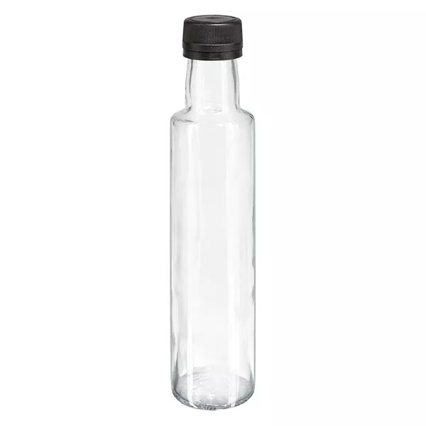 Bouteille à liqueur 250 ml ronde, transparente + capsule à vis noire (PP 31,5 mm), bague anti-gouttes et système d'inviolabilité Bouteille à liqueur 250 ml ronde, transparente + capsule à vis noire (PP 31,5 mm), bague anti-gouttes et système d'inviolabilité