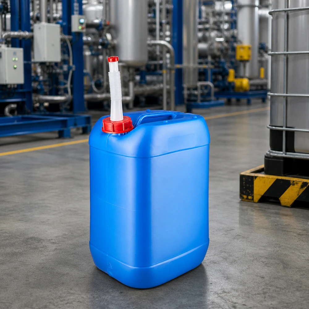 Bidon 25 litres bleu avec tube de vidange Flex Bidon en plastique bleu de 25 litres avec tube de remplissage flexible pour un stockage sûr des produits chimiques