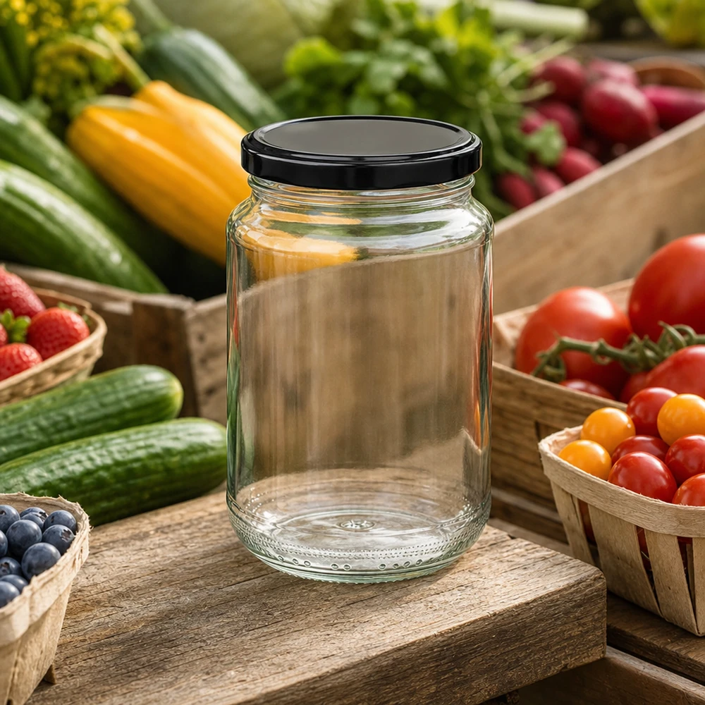 375ml bocal rond vide avec couvercle BasicSeal noir entre des légumes frais montre une utilisation polyvalente comme bocal de conservation