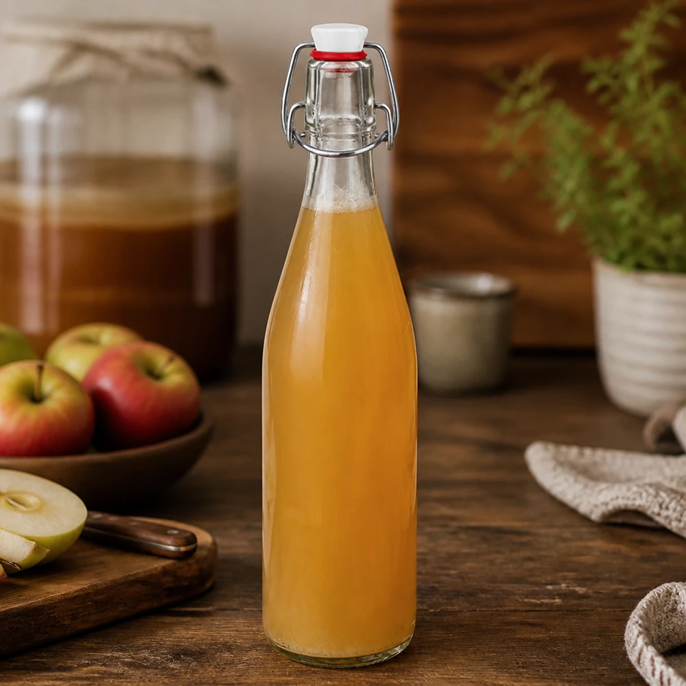 Bouteille en verre de 500 ml + bouchon mécanique en porcelaine UN.. Glasflasche 500ml mit Bügelverschluss gefüllt mit Apfelsaft in rustikaler Küche neben frischen Äpfeln auf Holzbrett