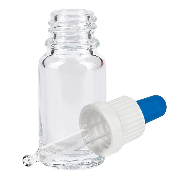 Flacon à pipette 10ml blanc/bleu OV ClearL. UT18/10 Flacon pipette en verre transparent de 10 ml, muni d'une pipette compte-gouttes blanche et d'une poire en caoutchouc bleue
