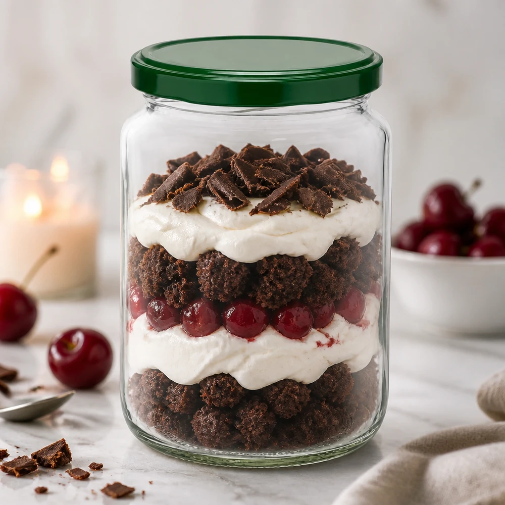795ml Verre rond avec couvercle BasicSeal vert UNiTWIST Verre rond UNiTWIST de 795 ml avec couvercle vert BasicSeal rempli d'un dessert stratifié au chocolat, à la crème et aux cerises