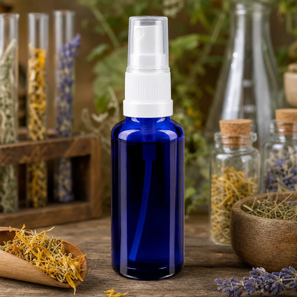 Petit vaporisateur bleu en verre de pharmacie de 30 ml posé sur un socle en bois rustique orné d'herbes naturelles