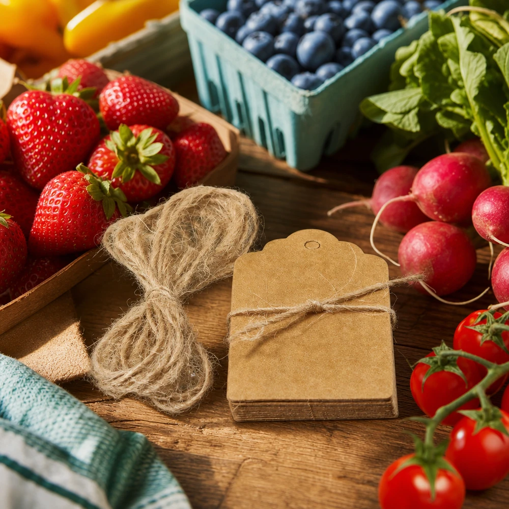 Pendentif 30 x 50 mm avec cordon (lot de 10) Pendentif en papier kraft 30x50mm avec cordelette de jute entre des fruits et légumes frais sur une caisse en bois de marché fermier