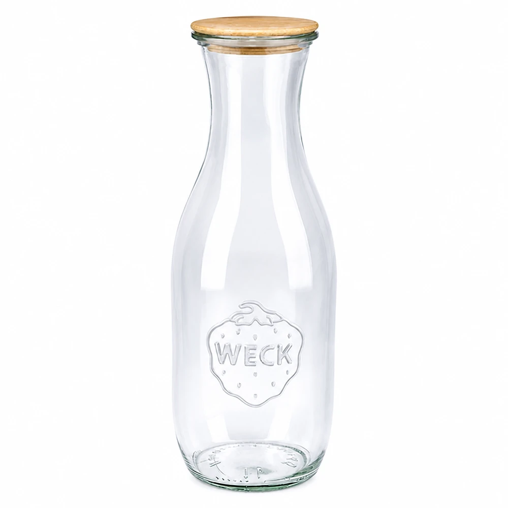 WECK Bouteille de jus 1062ml en verre avec couvercle en bois RR60 transparent vide debout sur fond blanc