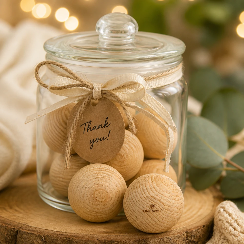 UNiTWIST Sphère en bois (hêtre) pour WECK RR60 UNiTWIST Boules en bois hêtre WECK RR60 dans un bocal cadeau avec pendentif de remerciement décoration rustique boutons en bois