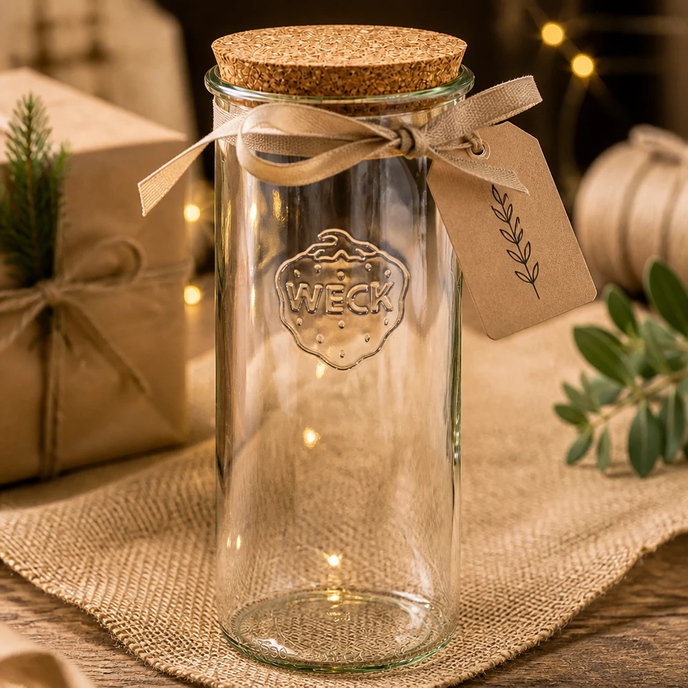 WECK Verre renversé 1500ml RR100 vide avec bouchon emballage cadeau ruban brun étiquette décoration de Noël